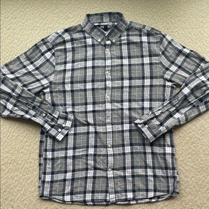 H&M Men's Navy Blue and Gray Plaid Shirt